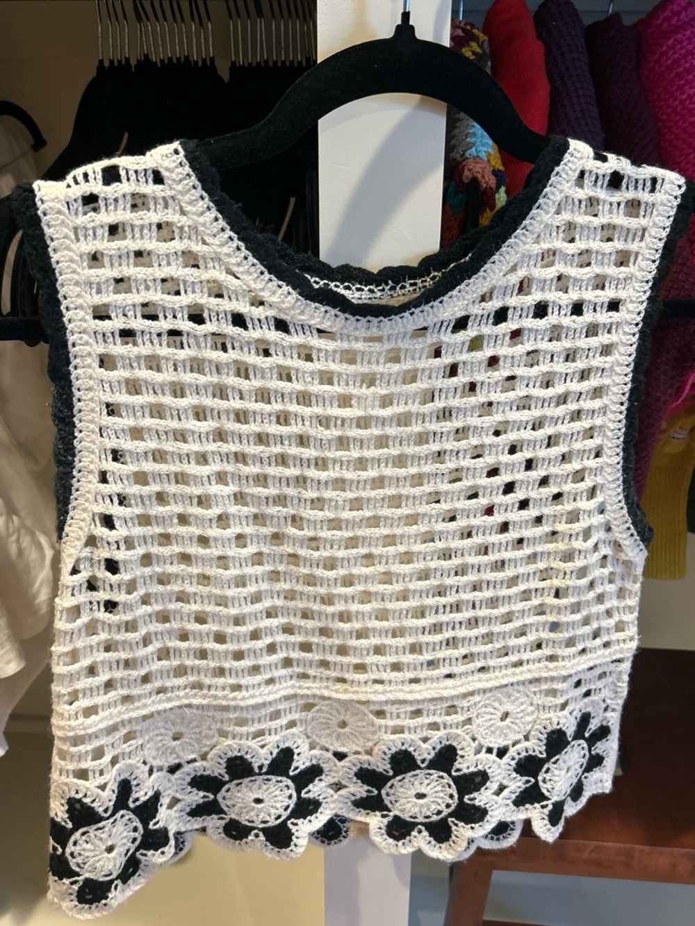 SHEIN White Crochet Mesh Tank with Black Trim and Floral Hem